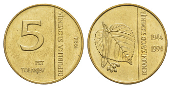 Словения 5 толаров 1994 50 лет банку Словении KM 15 латунь UNC 4660-136