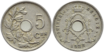 БЕЛЬГИЯ 5 САНТИМОВ 1922 BELGIE KM 67 медно-никель 4396-349