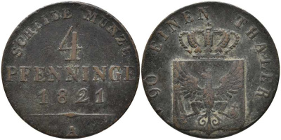 Пруссия 4 пфеннига 1821 А, Фридрих Вильгельм III (1797-1840) KM 408, Olding 188, Jaeger 45, AKS 32 медь 4448-1152
