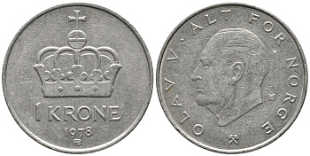 НОРВЕГИЯ 1 КРОНА 1978 ОЛАВ V (1957-1991) KM 419 медно-никель 28-927