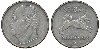 Норвегия 50 эре 1972 Улаф V (1957-1991), собака KM 408 медно-никель 4128-1136
