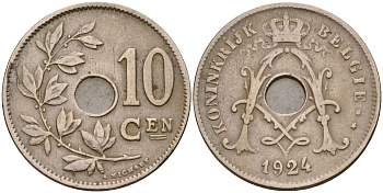 Бельгия 10 сантимов 1924 Король Альберт I (1910 - 1934) KM 86 медно-никель 190-622