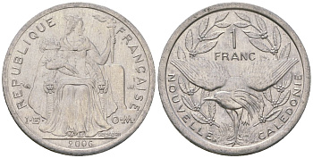 Французская Новая Каледония 1 франк 2006 птица кагу, (IEOM) KM 10, Schoen 10, Lec 52k алюминий 51-315