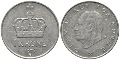 НОРВЕГИЯ 1 КРОНА 1978 ОЛАВ V (1957-1991) KM 419 медно-никель 28-927