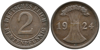 ГЕРМАНИЯ 2 РЕНТЕНПФЕННИГА 1924 E KM 31, J. 307 бронза 24-536