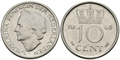 Нидерланды 10 центов 1948 Вильгельмина (1895-1948) KM 177 никель 96-519