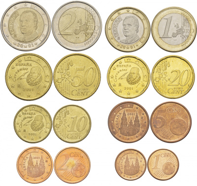 Испания полный евронабор из 8 монет 2001 1, 2, 5, 10, 20, 50 евроцентов, 1 и 2 евро KM 1040, 1041, 1042, 1070, 1071, 1072, 1073, 1074 4685-311-318