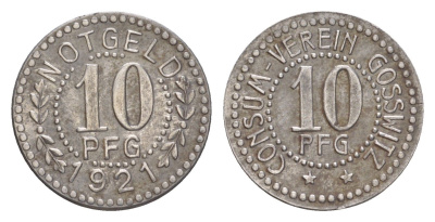 Госсвиц 10 пфеннигов 1921 Ассоциация потребителей Men05 9342.2, Men18 11704.2 железо 4636-934