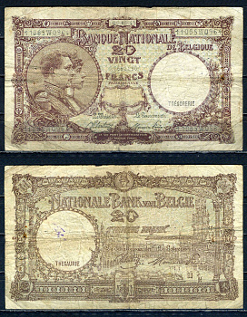 Бельгия 20 франков 1945 05.02.1945, Король Альберт I и его жена Королева Елизавета, Гран-Плас / Гроте Маркт, Брюссель Pick 111 (3) бумага 6301-13-3-2