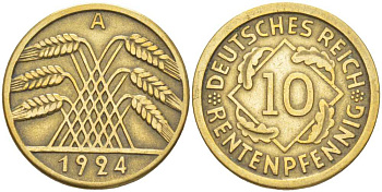ГЕРМАНИЯ 10 РЕНТЕНПФЕННИГОВ 1924 A KM 33, J. 309, Weege 8 алюминиевая бронза 212-751