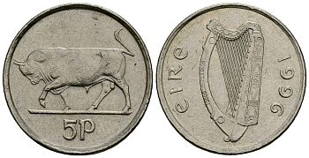 Ирландия 5 пенсов 1996 бык KM 28 медно-никель 4136-926