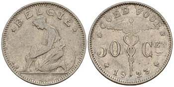Бельгия 50 сантимов 1923 Belgie KM 88 никель 112-1169