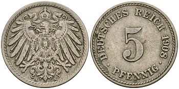 Германия 5 пфеннигов 1908 A KM 11, Jager 12, Weege 6 медно-никель 4364-4555