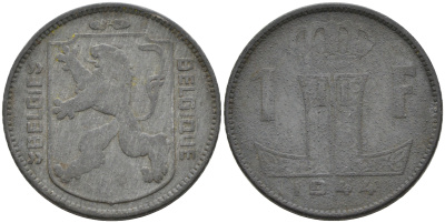 БЕЛЬГИЯ 1 ФРАНК 1944 BELGIE-BELGIQUE KM 128 цинк 4563-1155