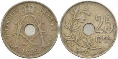 БЕЛЬГИЯ 25 САНТИМОВ 1922 BELGIE KM 69 медно-никель 4529-1125