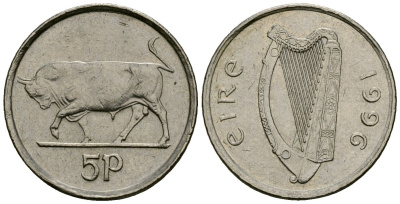 Ирландия 5 пенсов 1996 бык KM 28 медно-никель 4136-926