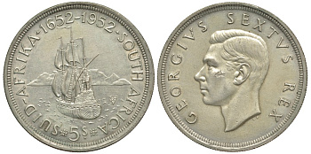 ЮАР 5 шиллингов 1952 Георг VI (1937-1952), 300 лет основания Кейптауна, парусник KM 41 серебро 603-141