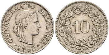 Швейцария 10 раппенов 1952 B KM 27 медно-никель 4608-466