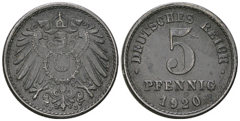 Германия 5 пфеннигов 1920 J KM 19, J. 297 железо 4164-662