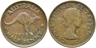 АВСТРАЛИЯ 1/2 ПЕННИ 1953 ЕЛИЗАВЕТА II, КЕНГУРУ KM 49 бронза 4390-942