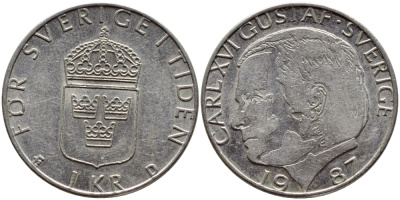 Швеция 1 крона 1987 Карл XVI Густав (1973- ) KM 852a медно-никель 4397-1213