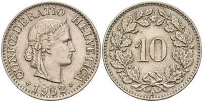 Швейцария 10 раппенов 1952 B KM 27 медно-никель 4608-466