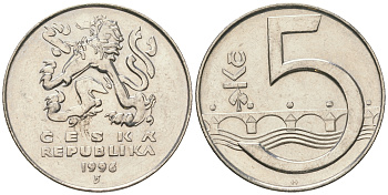 Чехия 5 крон 1993 чешский лев, Карлов мост KM 8 сталь плакированная никелем 60-732