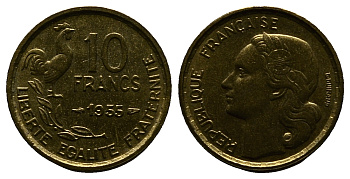 ФРАНЦИЯ 10 ФРАНКОВ 1955 KM 915.1 алюминиевая бронза 261-753