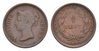 Стрейтс-Сетлментс (Стрейтс Сетлментс) 1/4 цента 1845 Виктория (1837-1901), год-тип KM 1 медь 5010-335