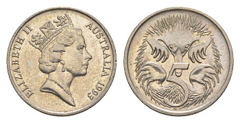 Австралия 5 центов 1993 Елизавета II (1952-2022), ехидна KM 80 медно-никель UNC 4154-137
