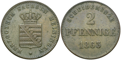 Саксен-Мейнинген 2 пфеннига 1863 Бернгард II (1803-1866) KM 171 медь 99-638