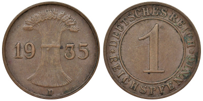 Германия 1 рейхспфенниг 1935 D KM 37, J. 313 бронза 4124-129