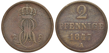 Ганновер 2 пфеннига 1847 A, Эрнст Август (1837-1851) KM 202.2, AKS 125, J. 75 медь 75-1857