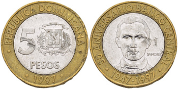 Доминиканская республика 5 песо 1997 50 лет центральному банку KM 88 биметалл 4541-1051