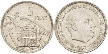 ИСПАНИЯ 5 ПЕСЕТ 1957 (62) ФРАНСИСКО ФРАНКО ДИКТАТОР ИСПАНИИ ( 1939- 1975) KM 786 медно-никель 216-636