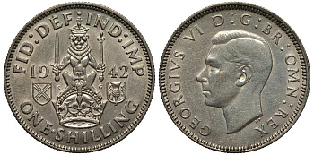 Великобритания 1 шиллинг 1942 Георг VI (1936-1952), Шотландский герб KM 854, Spink 4083 серебро 117-1151