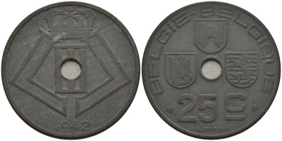 Бельгия 25 сантимов 1942 Belgie - Belgique, Леопольд III (1934-1947), германская оккупация, Вторая мировая война KM 132 цинк 4157-531