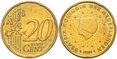 Нидерланды 20 евроцентов 2003 Беатрикс (1980-2013) KM 238 латунь 4543-225
