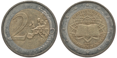 ГЕРМАНИЯ 2 ЕВРО 2007 D, 50 ЛЕТ РИМСКОМУ ДОГОВОРУ KM 259 биметалл 4384-723