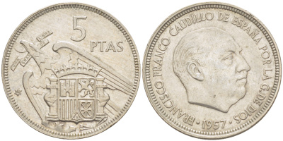ИСПАНИЯ 5 ПЕСЕТ 1957 (62) ФРАНСИСКО ФРАНКО ДИКТАТОР ИСПАНИИ ( 1939- 1975) KM 786 медно-никель 216-636