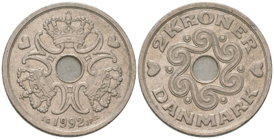 Дания 2 кроны 1992 сердце LG, Маргрете II (1972-) KM 874 медно-никель 4561-622