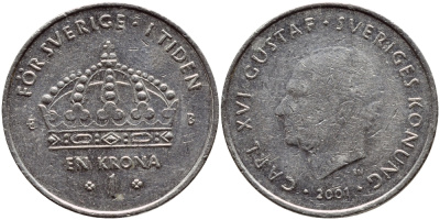 Швеция 1 крона 2001 Карл XVI Густав (1973- ) KM 894 медно-никель 4364-2616