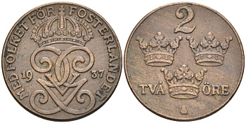 Швеция 2 эре 1937 Густав V (1907-1950) KM 778 бронза 67-1035