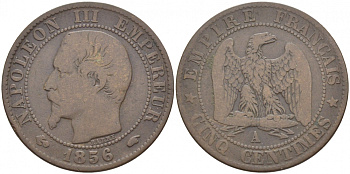 ФРАНЦИЯ 5 САНТИМОВ 1856 A, НАПОЛЕОН III (1852-1870) KM 777.1, LE FRANC 116.30 бронза 4448-111