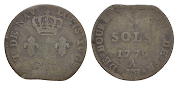 Франция, Реюньон, Остров Бурбон 3 соля 1779 Людовик XVI (1774-1792) KM 1 серебро 1524-631