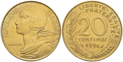 ФРАНЦИЯ 20 САНТИМОВ 1994 ТИП MARIANNE KM 930, LE FRANC 156.37 алюминиевая бронза 217-235