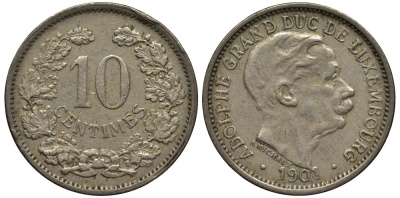 ЛЮКСЕМБУРГ 10 САНТИМОВ 1901 ВЕЛИКИЙ ГЕРЦОГ АДОЛЬФ (1890-1905) КМ 25 медно-никель 4538-655