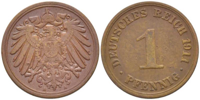 Германия 1 пфенниг 1911 A KM 10, J. 10, Weege 2 медь 211-438