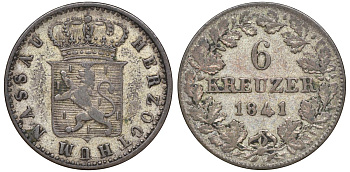 Нассау 6 крейцеров 1841 Адольф (1839-1866) KM 62 серебро    188-457