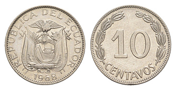 Эквадор 10 сентаво 1968 KM 76c сталь плакированная никелем UNC 4643-1151